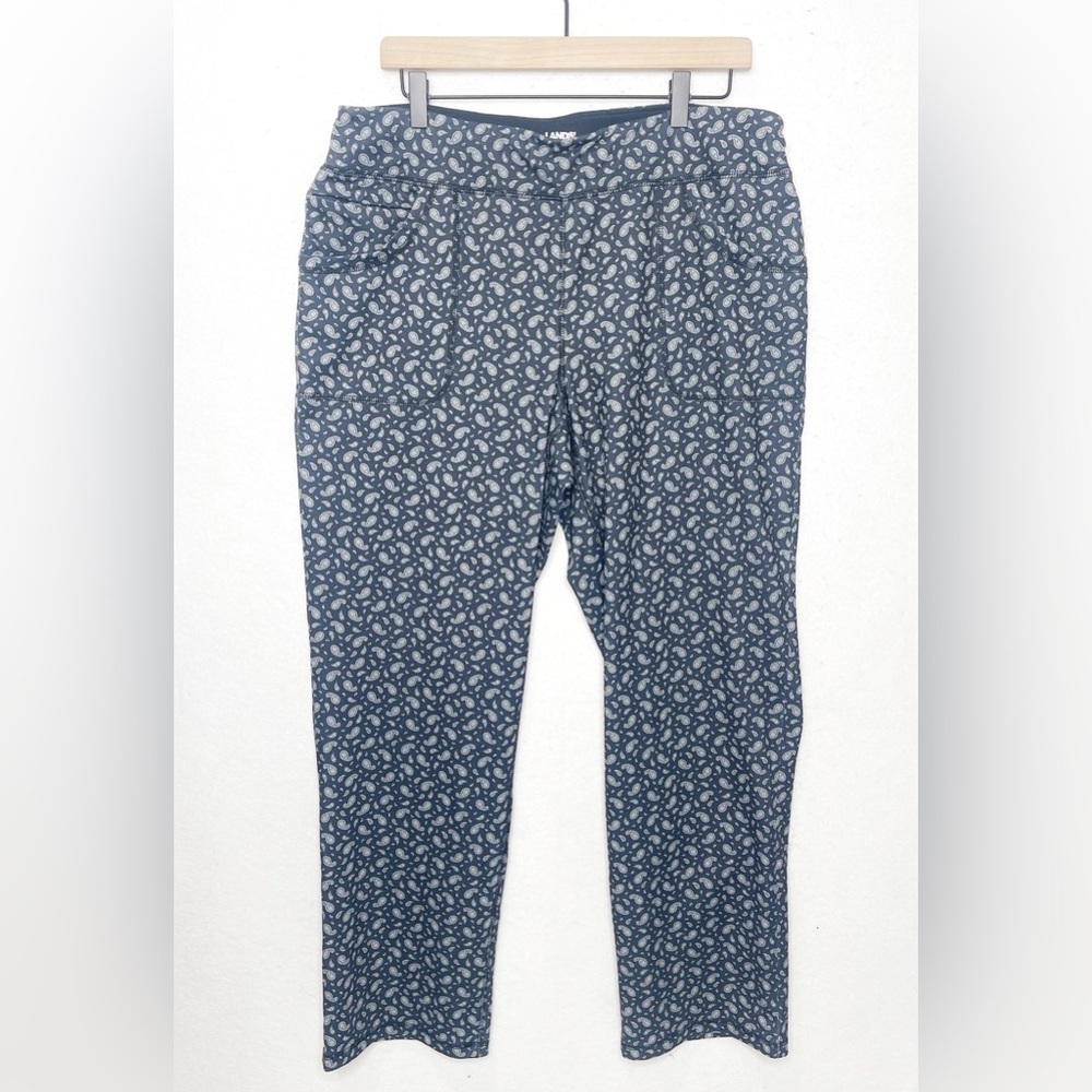 Lands' End Starfish Mid Rise Straight Leg Deep Sea Black Paisley Pull On Pants